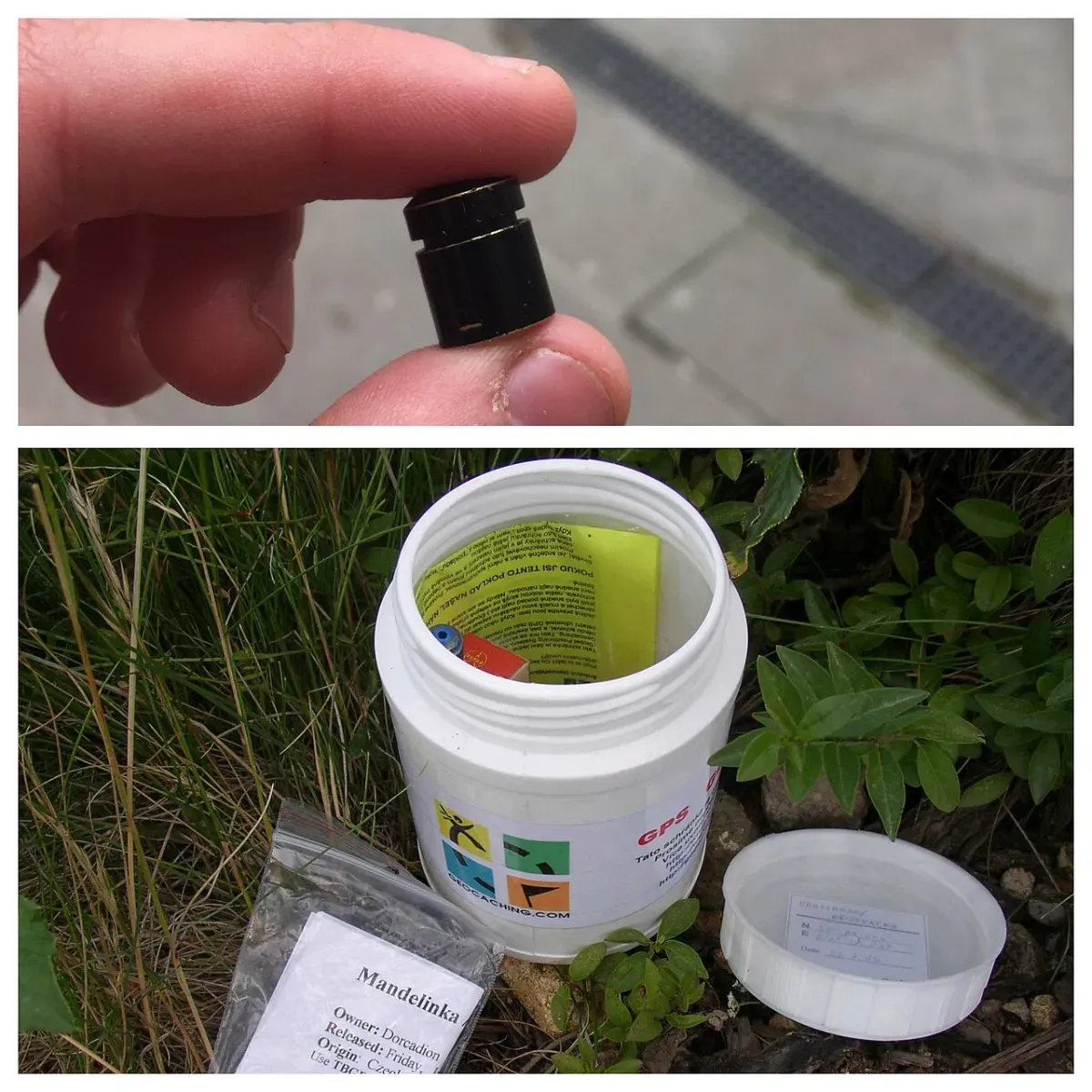 Two geocache containers: a tiny capsule held between fingers and a plastic jar with a logbook in the grass