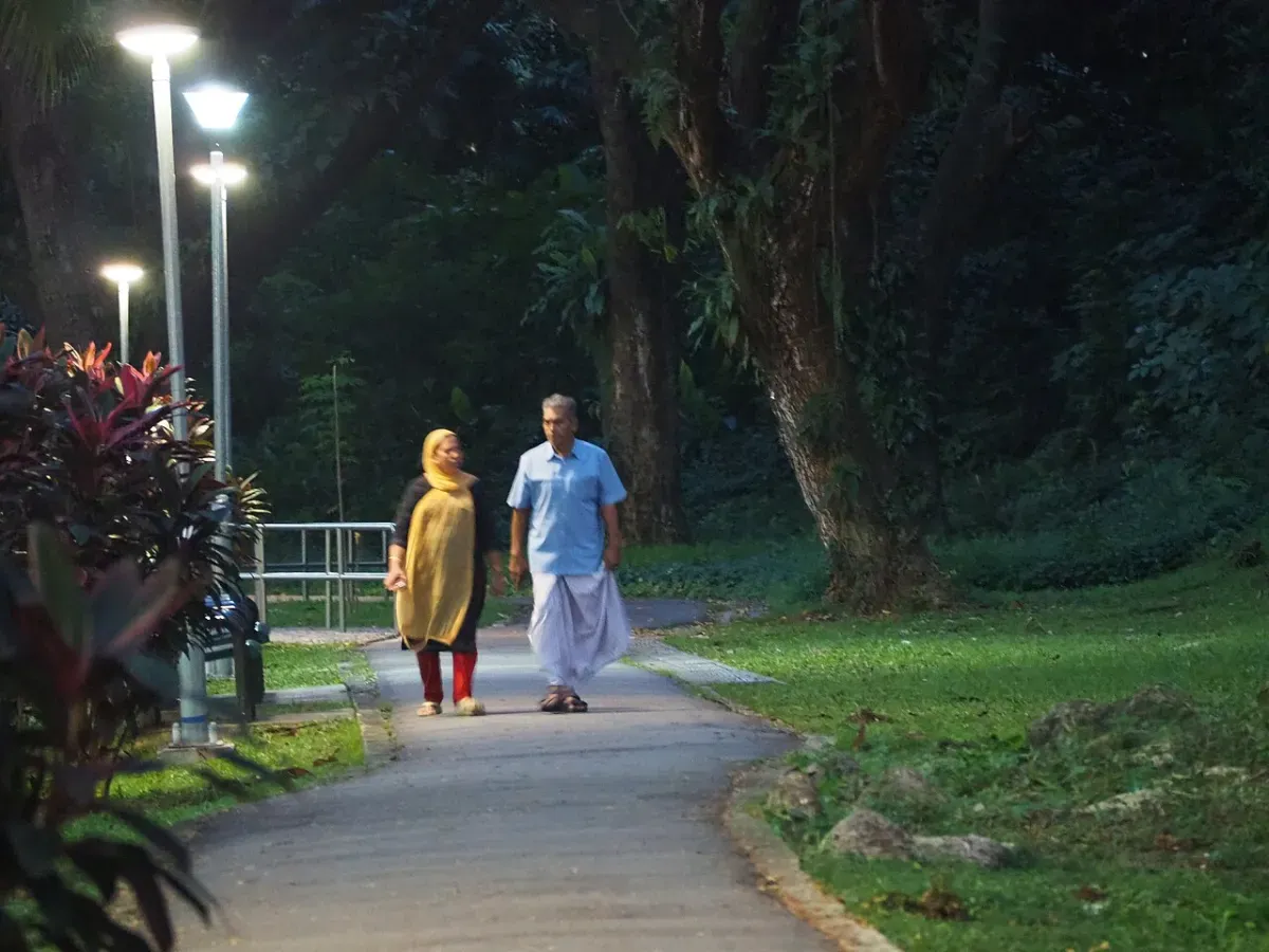 夕方の公園の小道を並んで歩く夫婦