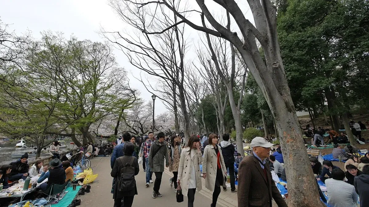 花見の季節の井の頭公園を歩く人たち