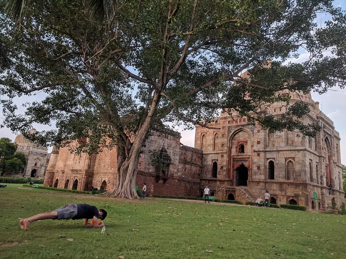 A large tree and an old stone tomb in Delhi's Lodi Gardens, with a barefoot man holding a push-up position on the lawn in the foreground