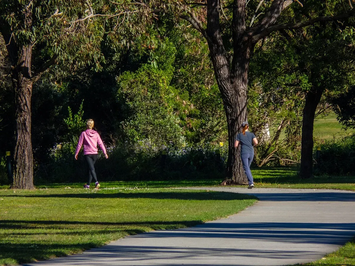 In a sunny park, one woman walks across the grass while another jogs along a paved path