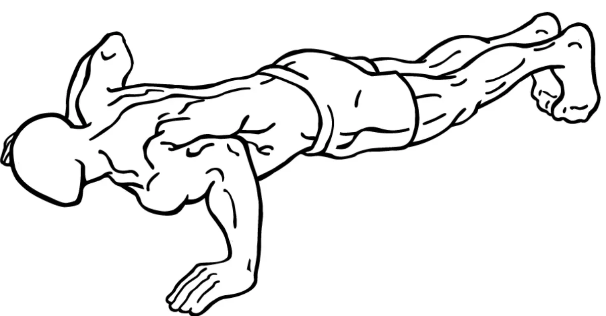 肘を曲げて体を下ろした腕立て伏せの姿勢を描いた線画。手は肩の下あたりにつき、体はまっすぐ保たれている
