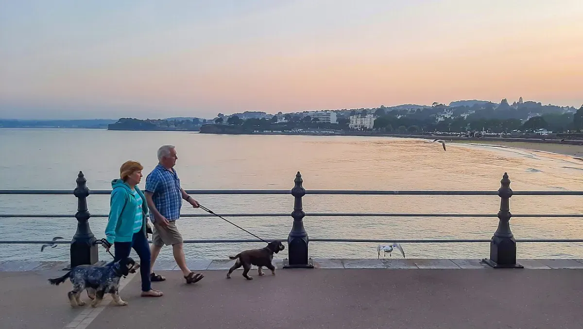 An older couple walking two dogs along a seafront promenade at dusk, an easy evening walk after eating