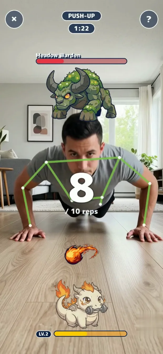 TrainWiz counting push-up reps in real time with on-device pose detection